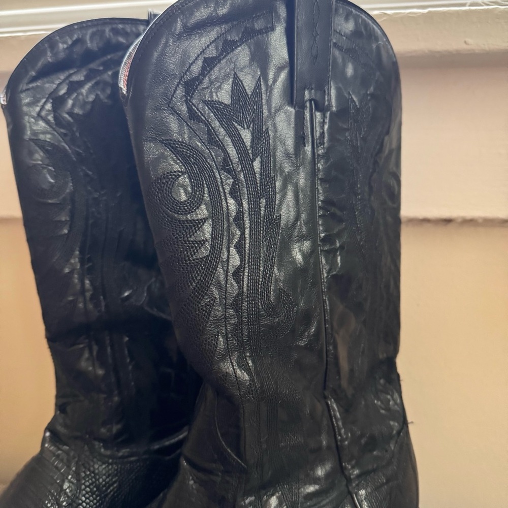Vintage Dan Post Black Black Leather/ Lizard Western Cowboy Boots size 11 Men’s - Picture 3 of 12